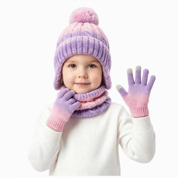 Linfrsh Kids Winter Beanie Gloves Scarf Set,Girls Toddler Winter Hat With Pom Neck Warmer Gaiter Mittens Fleece Lined Set