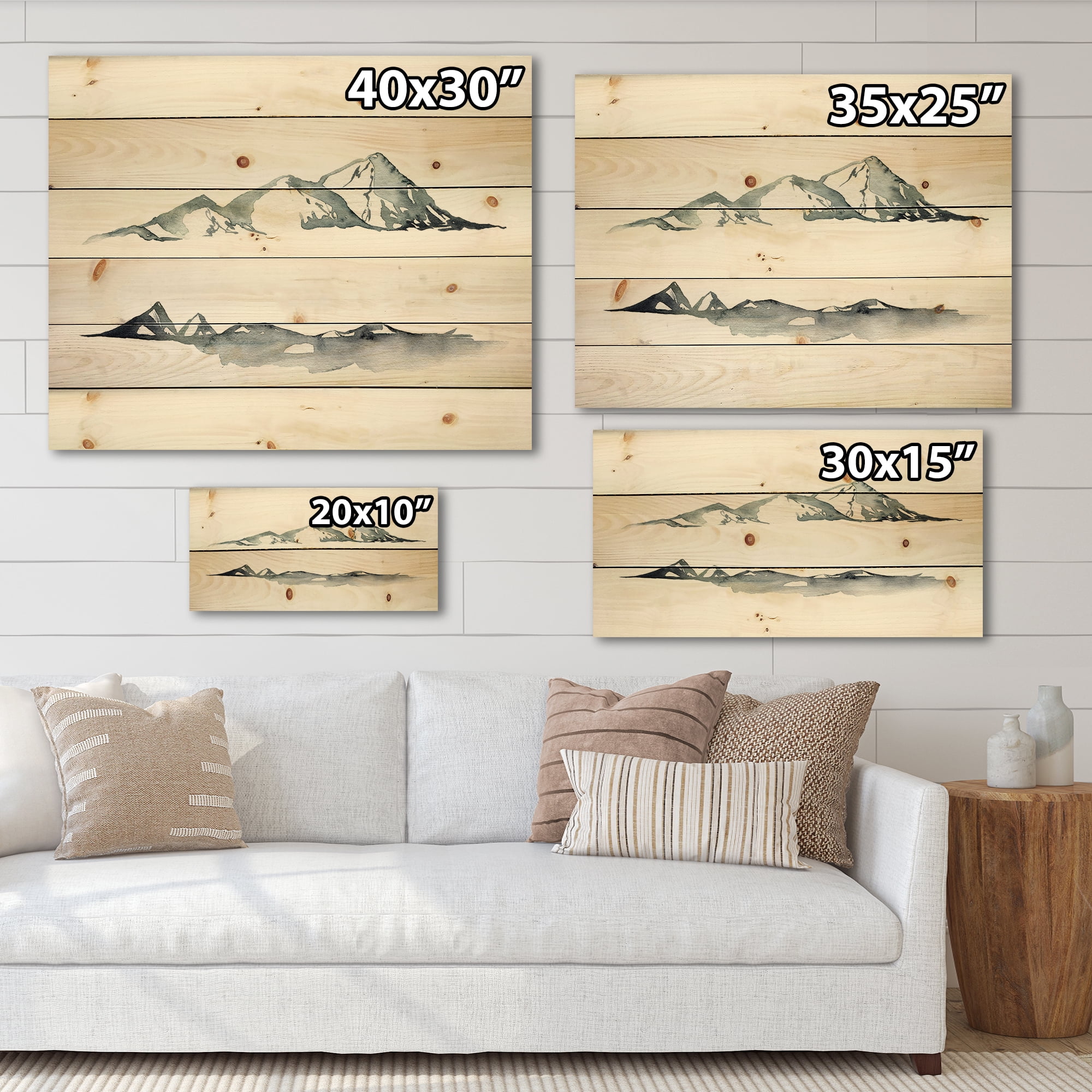 Designart 'Minimalistic Dark Blue Mountains Landscape' Modern Print on Natural Pine Wood