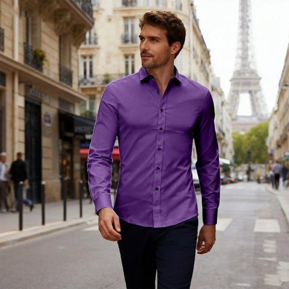 Domuza Dress Shirts Men Long Sleeve Slim Fit Stretch Button Up Shirts Fashion Business Casual Solid Color Tops Dark Purple XXL