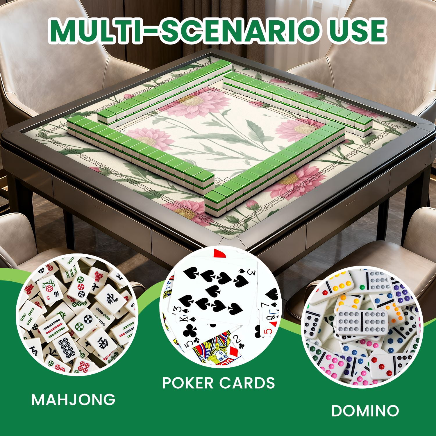 Mahjong Mat 31.5" x 31.5" Pink Chrysanthemum Floral Green Leaves Cream Non-Slip Noise Reduction American Mahjong Tiles Table Cover for Dominoes Poker Card Board Games Gift