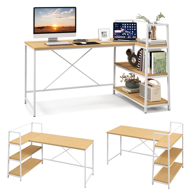 Patiojoy 59 Inch L-Shaped Computer Desk Large Reversible Corner Desk w/ Open Storage Shelves Space-Saving Writing Study Table PC Laptop Gaming Desk White + Natural