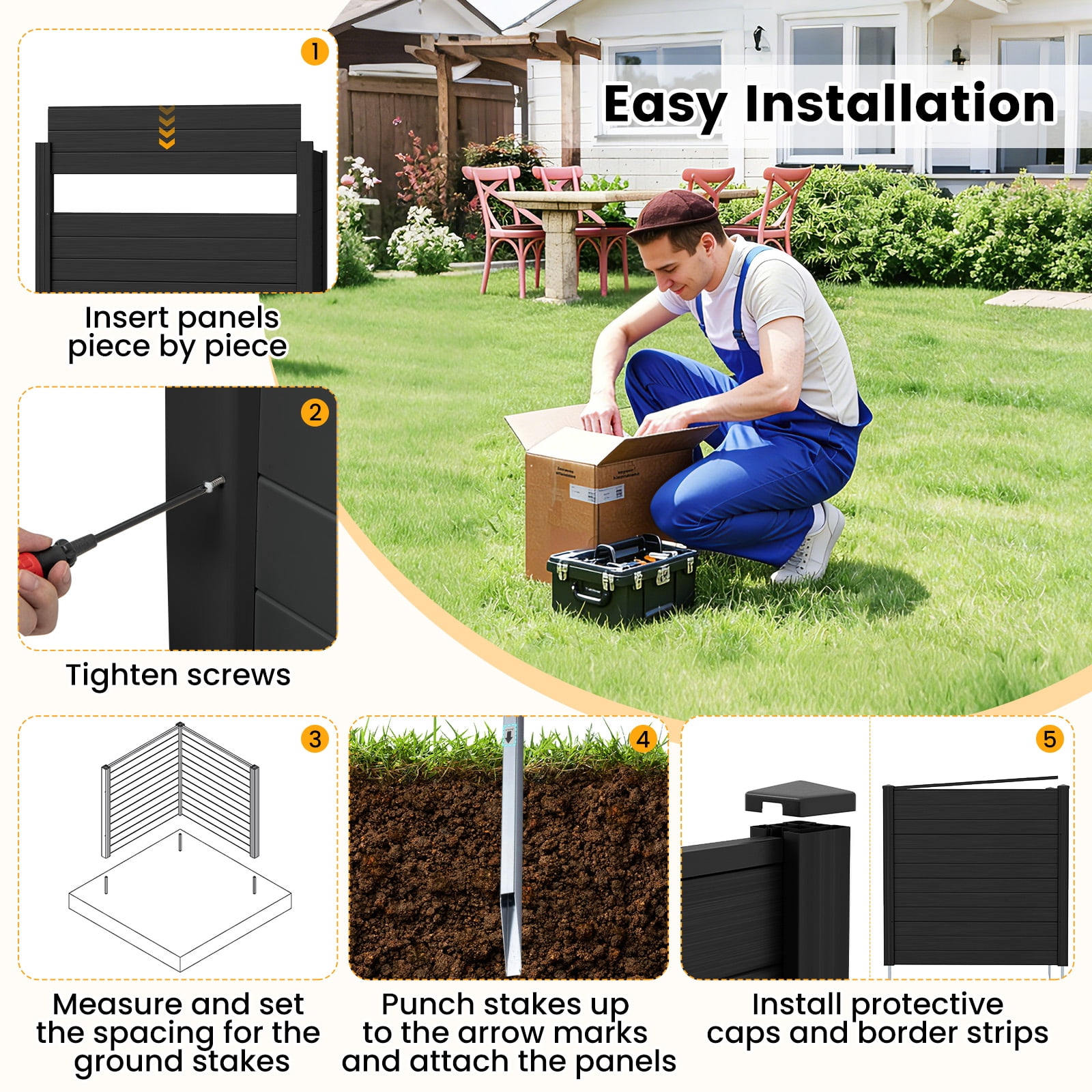 Topbuy 2PCS Outdoor Privacy Fence Panel 2 Picket PVC Decorative Fence w/3 Cuspidal Stakes Trash Enclosure & Freestanding Fence for Garden Black