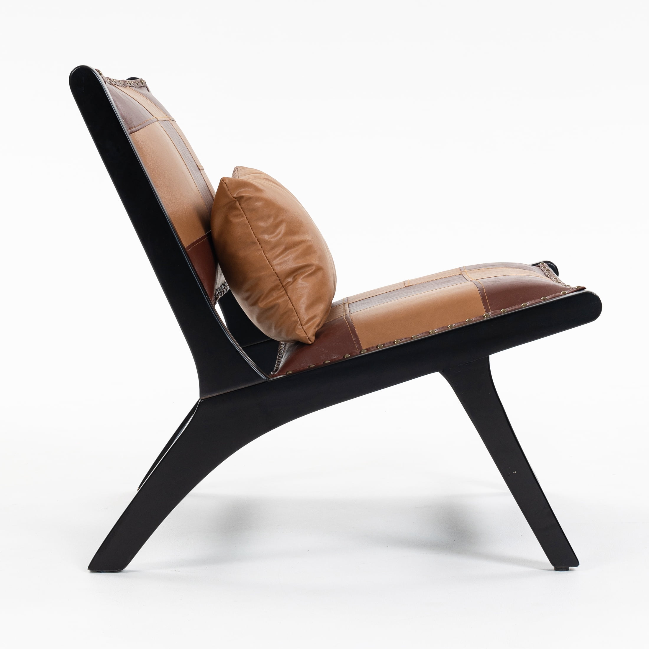 PORKISS Modern Accent Chair, Boho PU Leather Side Chair with Wood Frame and Pillow, Upholstered Armchair Comfort Reading Chair Lounge Chair for Living Room Bedroom Sunroom, Antique Brown