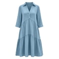 thumbnail image 4 of QUNYINEY Blue Women's Casual Dresses A Line Midi 3/4 Sleeve Shirt Dress Button Flowy Collared Loose Fit Dresses, 4 of 6