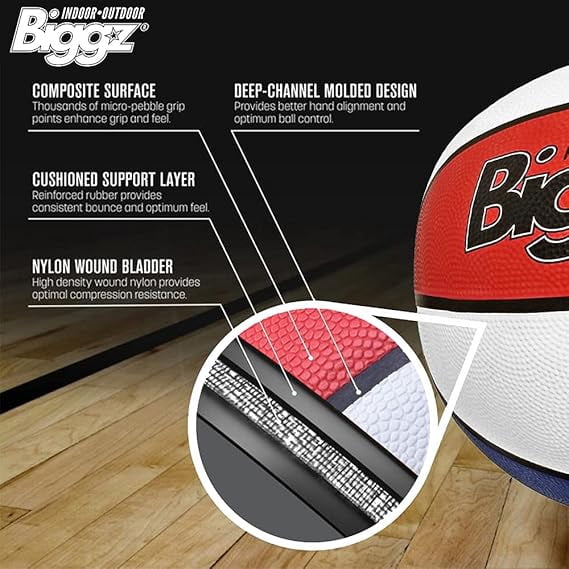 Biggz Official 7 Basketballs - Red/White/Blue, 6 Pack, 2-Ply Internal Pressure-Lock Butyl Bladder, Improved Grip, Enhanced Control, All-Court Performance