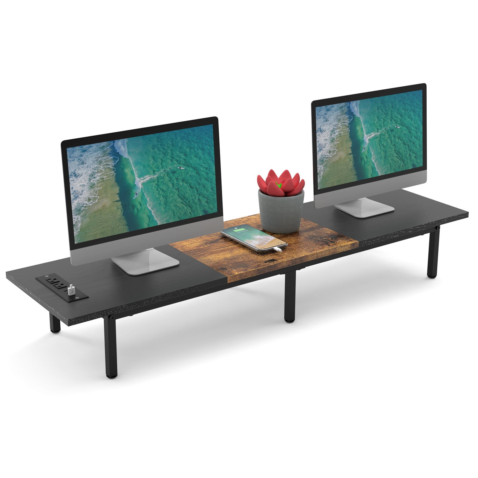 37.5" Extra Long Dual Monitor Stand Riser, Wood & Steel Desktop Organizer for 2 Monitors, TV/Laptop/Printer Holder with Integrated USB Ports, Black&Brown