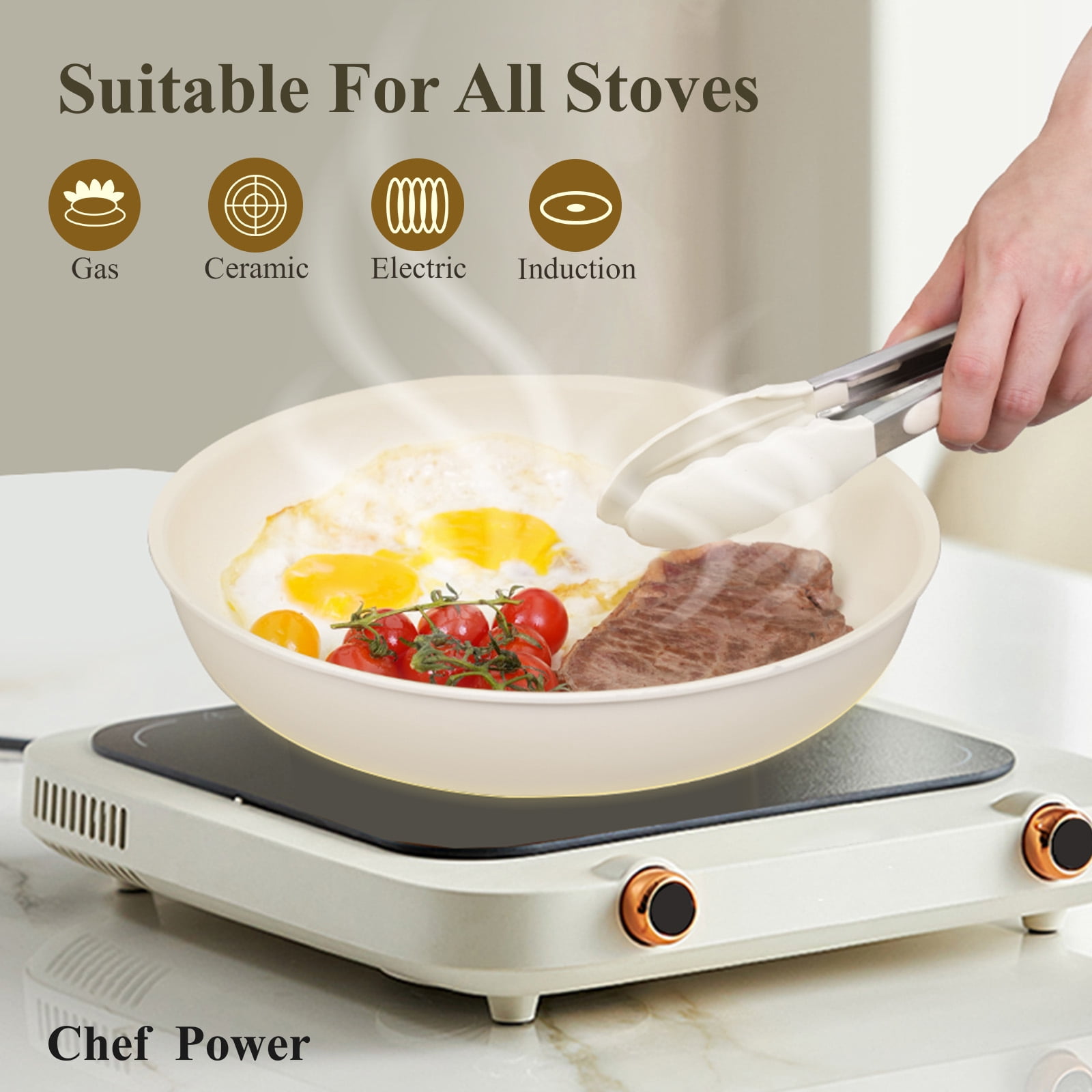 Chef Power 5pcs Pots and Pans Set, Nonstick Cookware Set, Ceramic Pan, Detachable Handle, RV Cookware Set, Induction Pan, Dishwasher, Oven Safe, Cream White