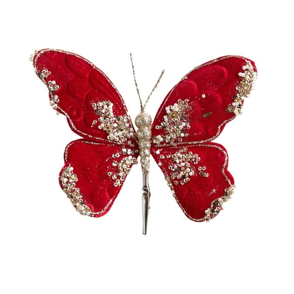 SLYNSHome Red Butterfly Christmas Tree Decor Artificial Glitter Butterfly with Clips Christmas Ornaments DIY Xmas Wreath Holiday Party Decorations