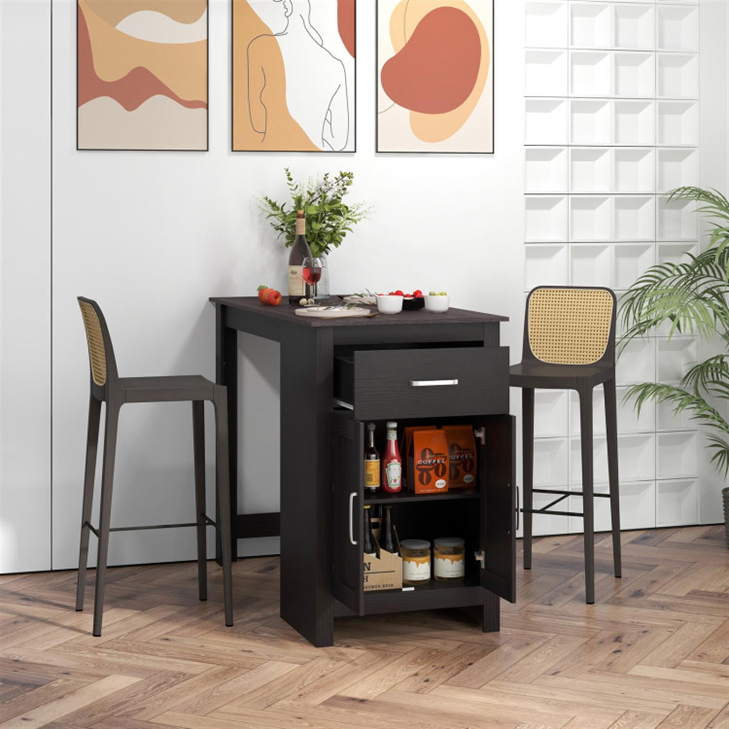 Demi Bonn Counter Height Bar Table with Storage Cabinet and Drawer, Modern Rectangular Dining Table Furniture for Kitchen, Dining Room, Dinette, Breakfast Nook, Black