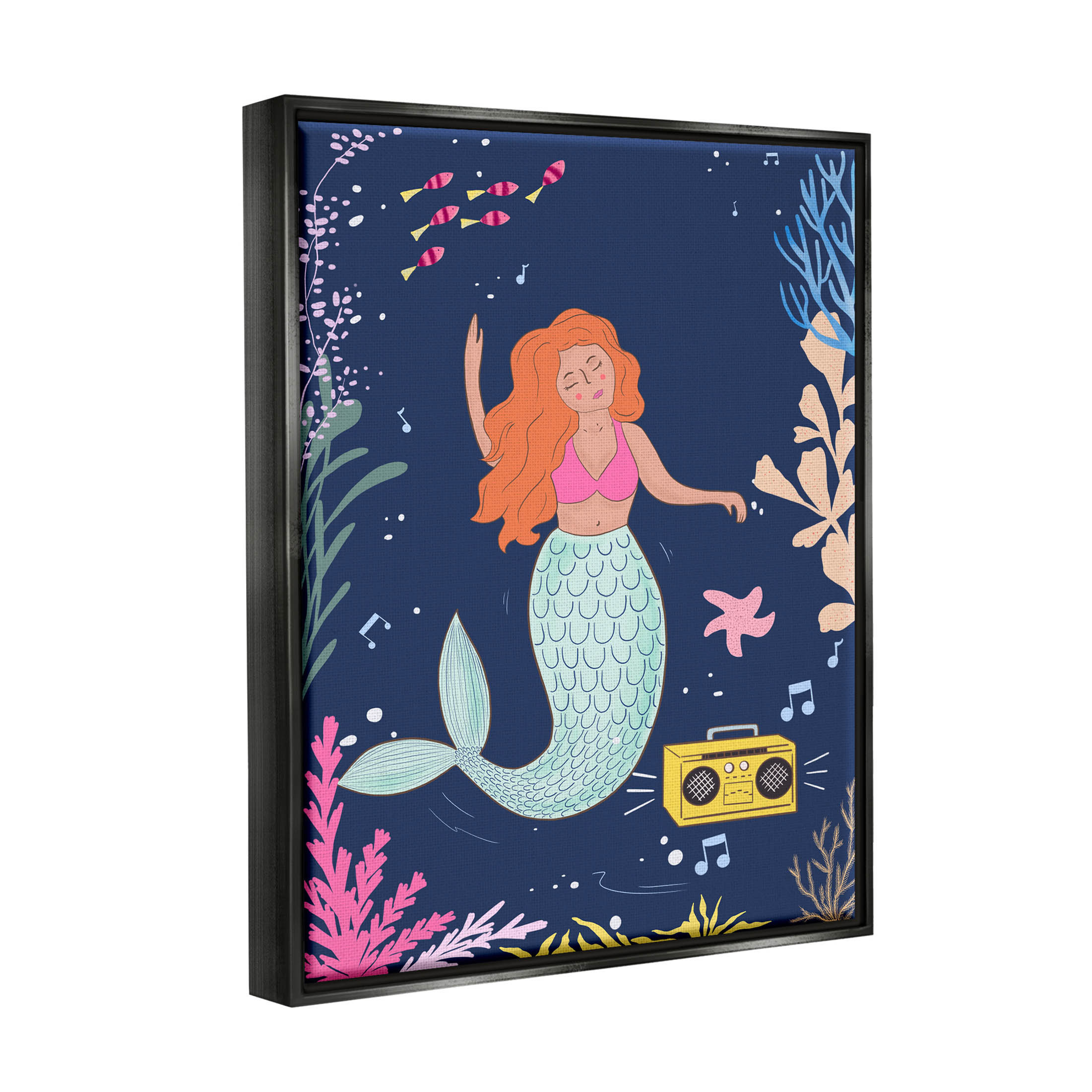 Stupell Industries Happy Mermaid Dancing Boombox Graphic Art Jet Black Floating Framed Canvas Print Wall Art, Design by Nikita Jariwala