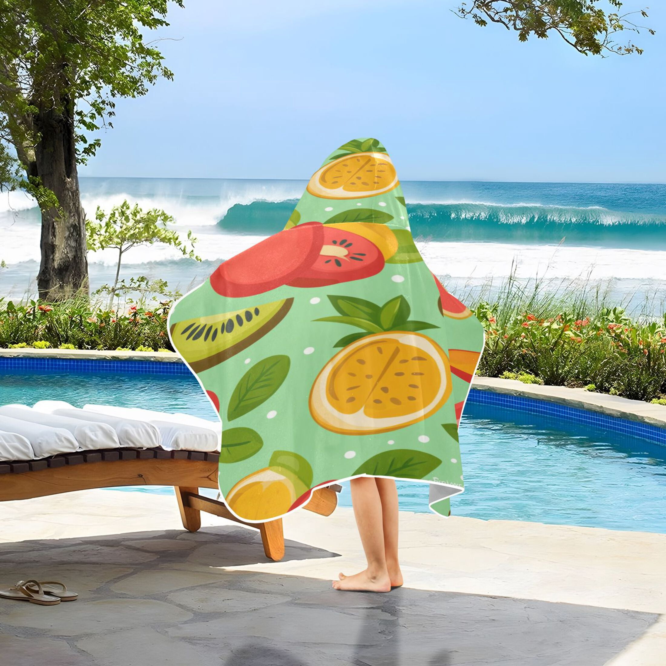 Fruity Pattern 50x23.5" Baby Hooded Bath Towel Poncho, Quick-Dry and Triangle Pocket, Kids' Essential