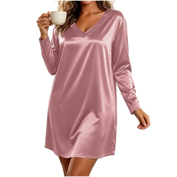 Womens Satin Silk Nightgown V-Neck Loose Fit Soft Long Sleeve Night Sleepwear Dress Pink XL