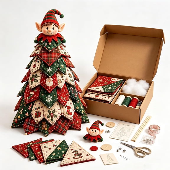 2026 New DIY Quilted Christmas Tree Kit - 3D Fabric Patchwork Craft Set for Beginners with Plush Topper, Handmade Tabletop Holiday Decor for Home, Mantel, and Office Display (Christmas Elf)