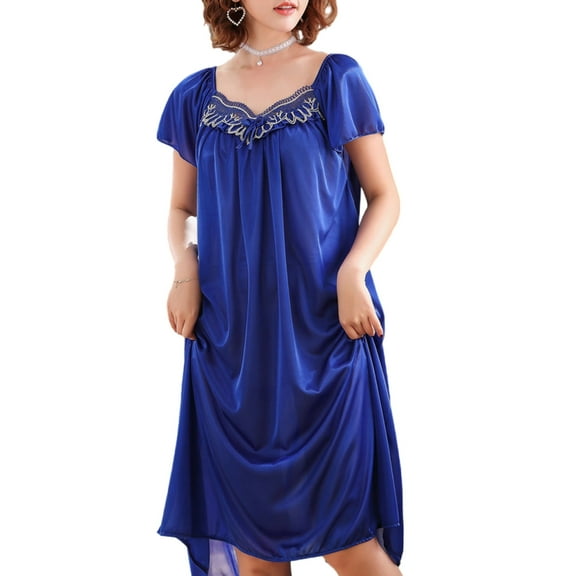 Huhudde Women's Ice Silk Pleated Nightgown Loose Sleepwear Nightshirt Short Sleeve Sleep Dress Summers Sleepshirt Loungewear