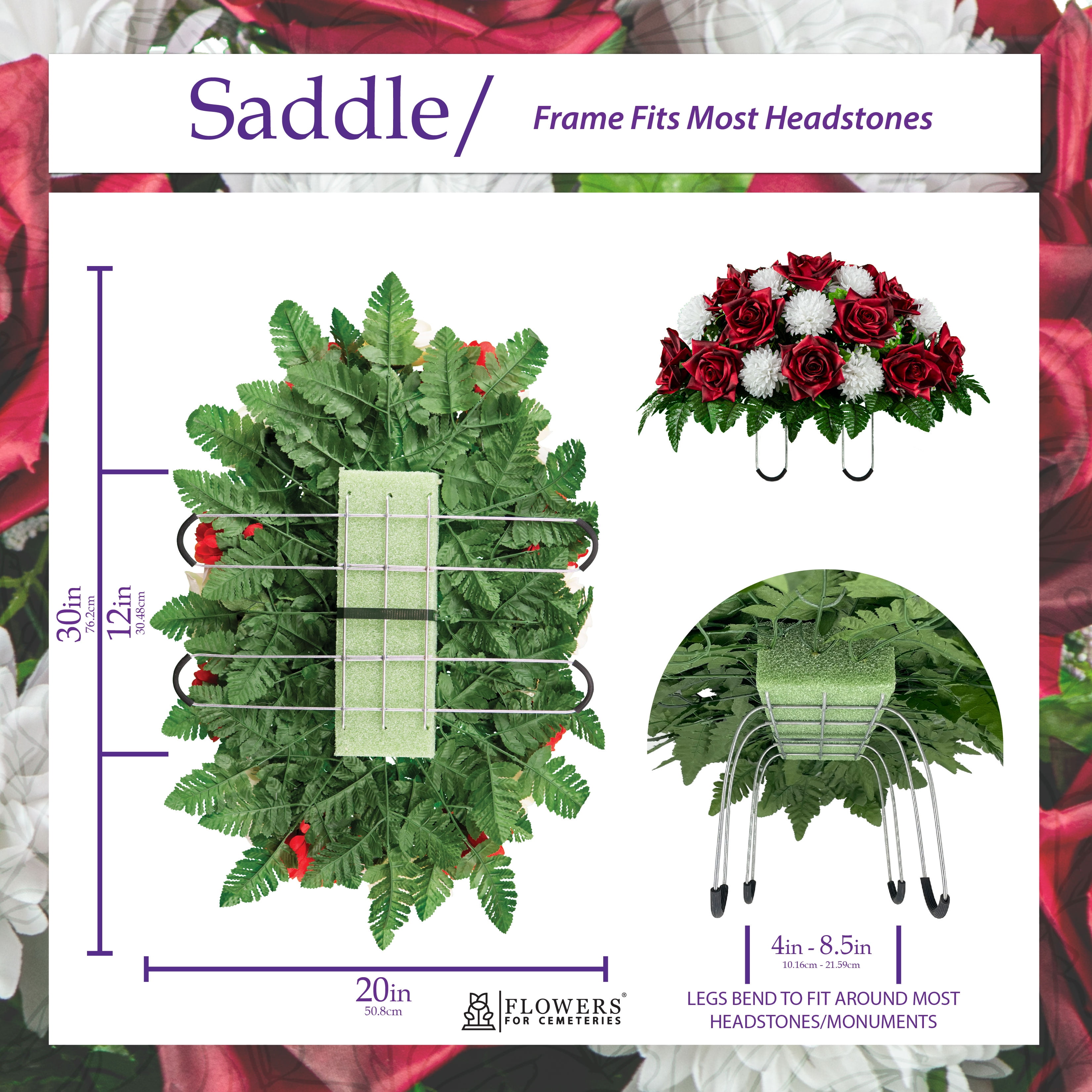 Sympathy Silks Artificial Cemetery Flowers 30" Red Open Rose/White Mum Saddle for Headstone