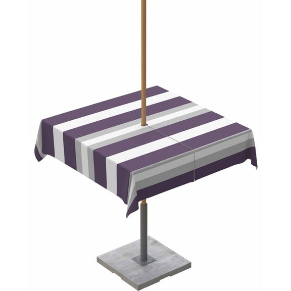 Outdoor Tablecloth with Umbrella Hole for Patio/Picnic/Party/Camping, Purple Grey Stripe Waterproof Table Cloth Square Cover Washable, Minimalist Farmhouse Striped 54"x 54"