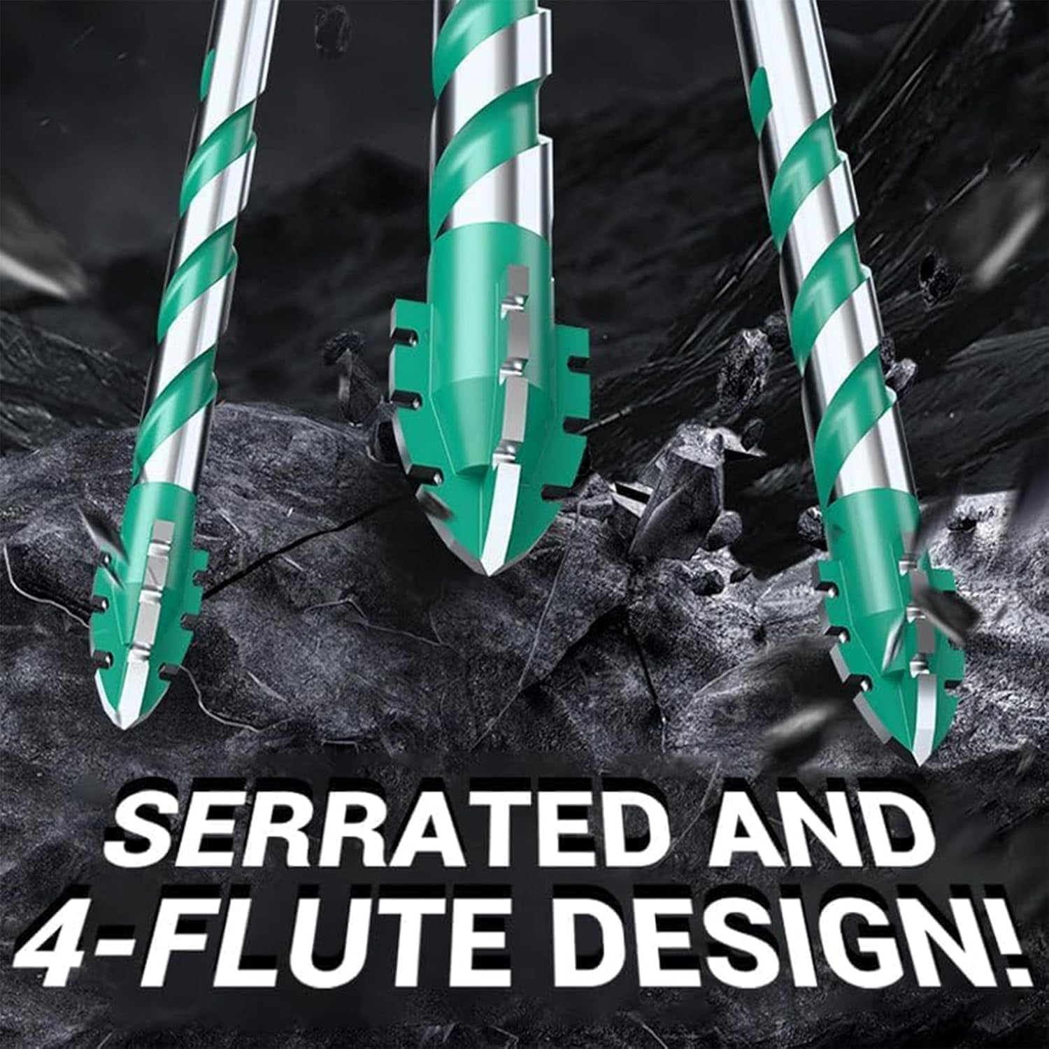 Beooshop Four Blade Serrated Eccentric Drill Bits, 4-Flute Serrated Edge Drill Bit Set, Specifications 1/4, 5/16, 3/8, 1/2, Suitable for Ceramic Tiles, Marble Concrete (4 PCS)