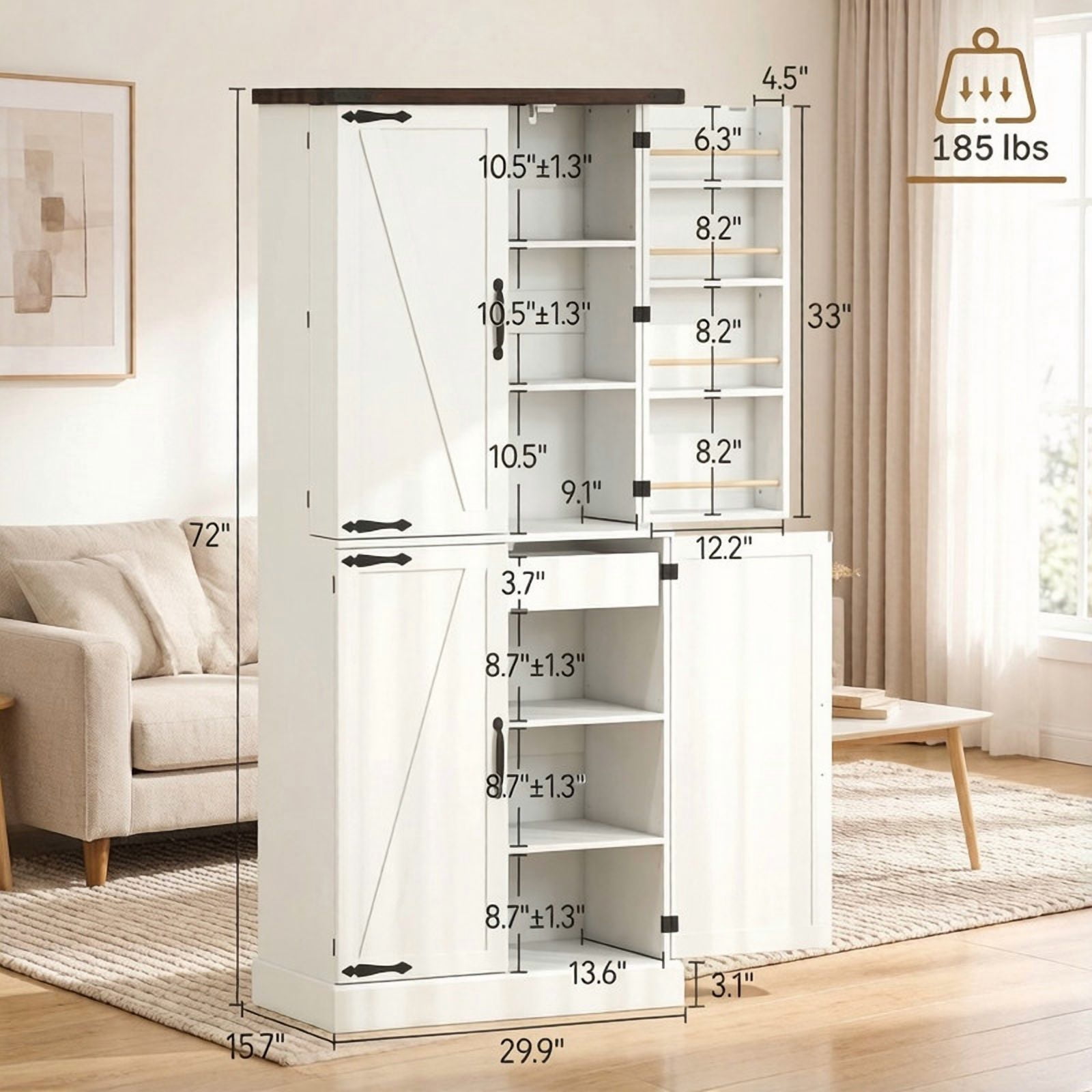 Farmhouse Style Storage Cabinet with Side Rack, Home Bar Sideboard Organizer, Kitchen Pantry Cabinet with Adjustable Shelf