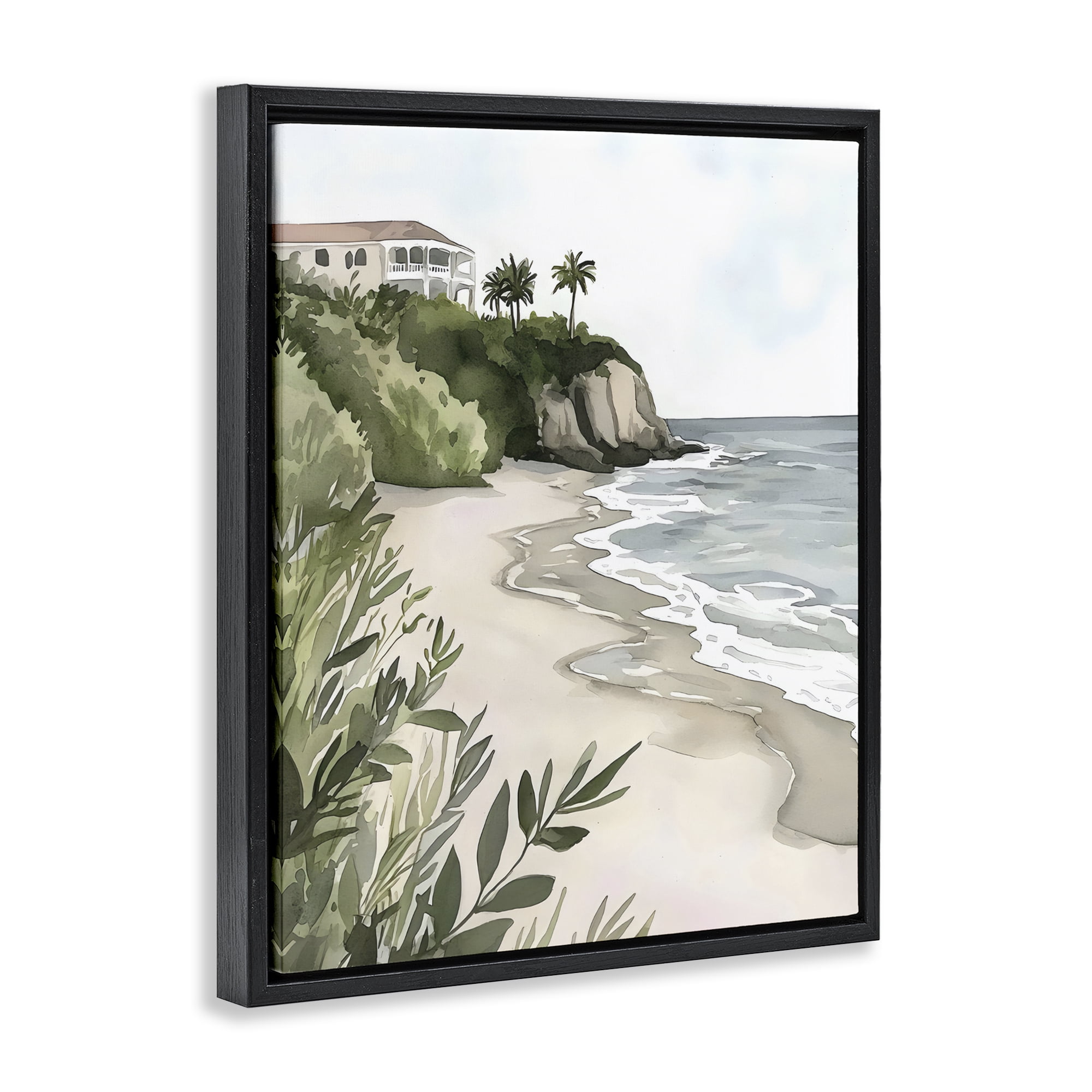 Stupell Industries Coastal Calm Villa on Bluff Black Framed Floater Canvas Wall Art, design by Riley B