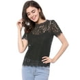 thumbnail image 3 of MODA NOVA Junior's Scalloped Trim Short Shirred Sleeves Sheer Floral Lace Blouse Black M, 3 of 6