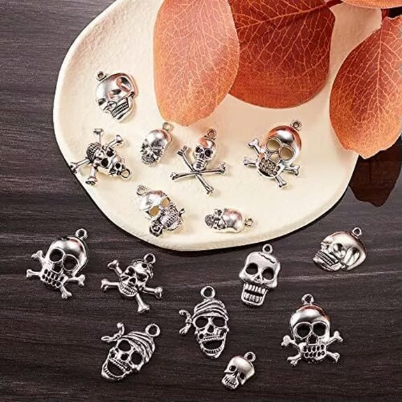 U8MO 100 Skull and Crossbones Charms Antiqued Silver Pirate Pendants Gothic Bulk