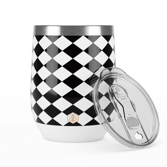 Biddlebee 12oz Stainless Steel Insulated Wine Tumbler, Black & White Check