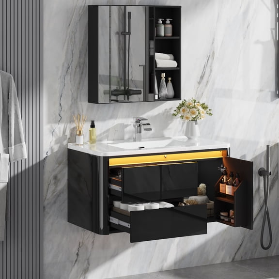 ANPOO 36 Inch Wall Mounted Bathroom Vanity with Sink and Mirror Medicine Cabinet,Modern Floating Bathroom Storage Cabinet with 2 Drawers and Soft Closing Door,Black