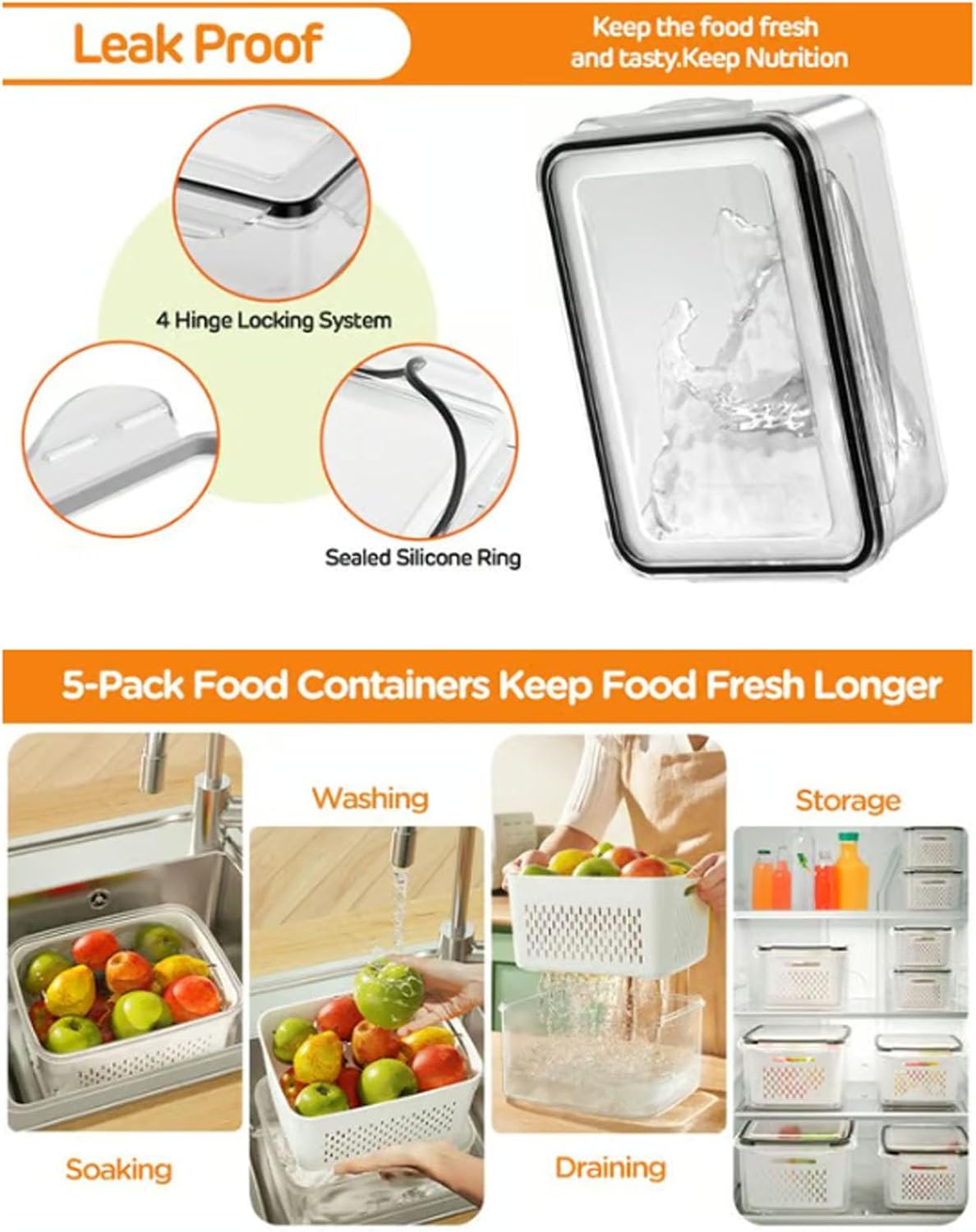 KANOHENO Food Storage Box - Clear Plastic Berry Basket for Fridge w/ Removable Lid ,Ventilated Double-Layer Drainage Design , Fruit & Vegetable Storage Containers for Indoor/Outdoor Use