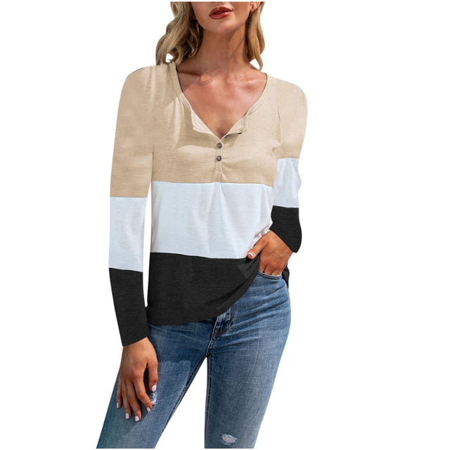 AherBiu Spring Casual Tops for Women Long Sleeve Half Button Notch V Neck Patchwork Shirts Blouse