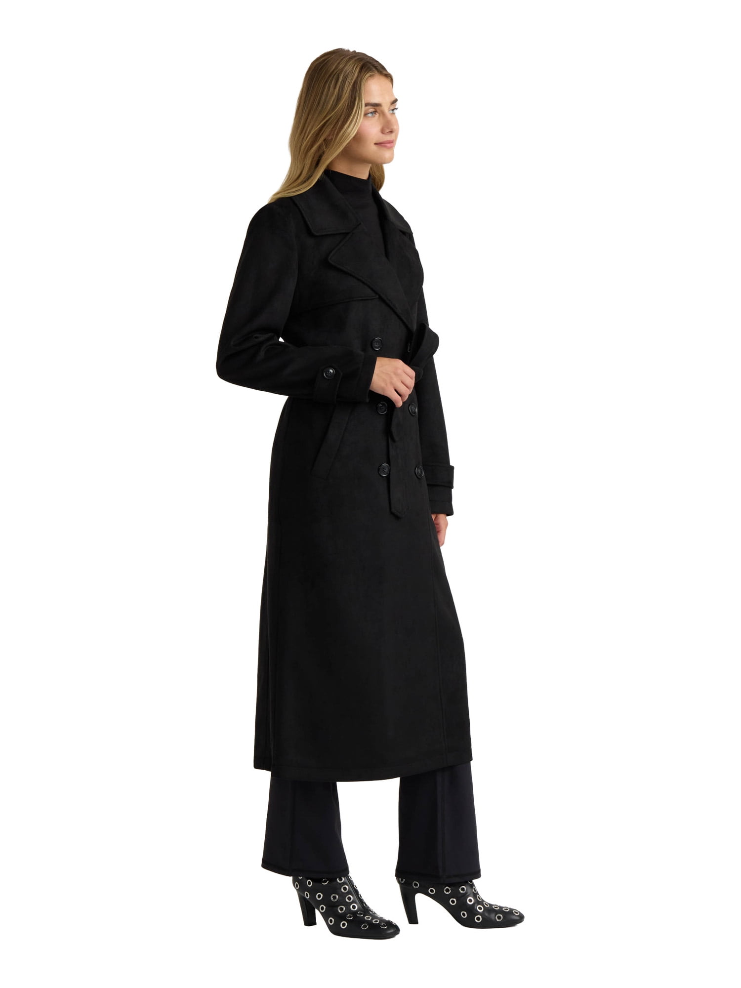 NOVELTI Womens Faux Suede Longline Belted Trench Coat with Side Pockets