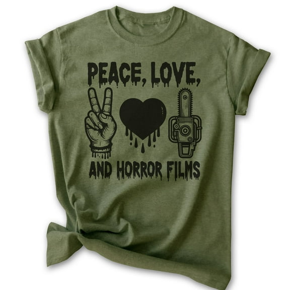 Peace Love And Horror Tee, Unisex Women's Men's Shirt, Horror Movie Classic Film Lover Halloween Gift, Heather Military Green, Medium