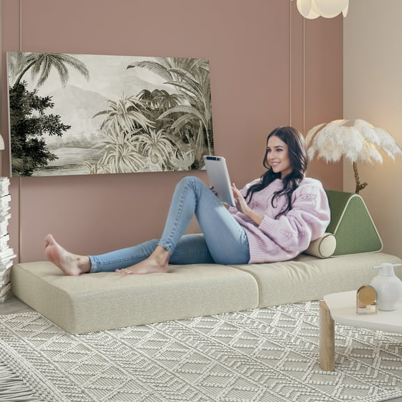 WOWMAX Convertible Folding Sofa Bed Foldable Floor Sofa Bed with Back Support Pillow, Folding Chair Bed, Floor Mattress for Adults, Soft Sofa Bed Floor Sofa Chair With 2 Bolster Pillows Washable Cover