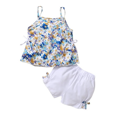 

Musuos Girl s Clothing Set Flower Print Sleeveless Sling Tops and Shorts Two-piece Suit for Vacation Birthday Party