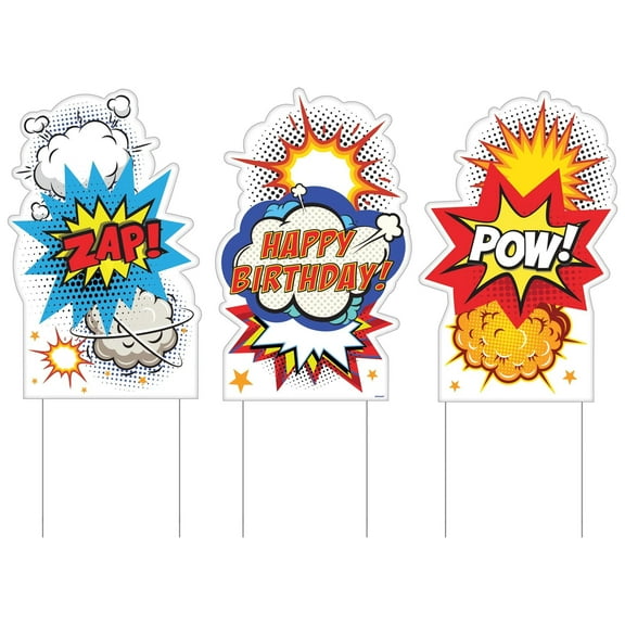 Superhero Birthday Yard Signs – 3-Pack | Large 24.8" x 15.8" Outdoor Lawn Decorations | Bold & Colorful Comic Style