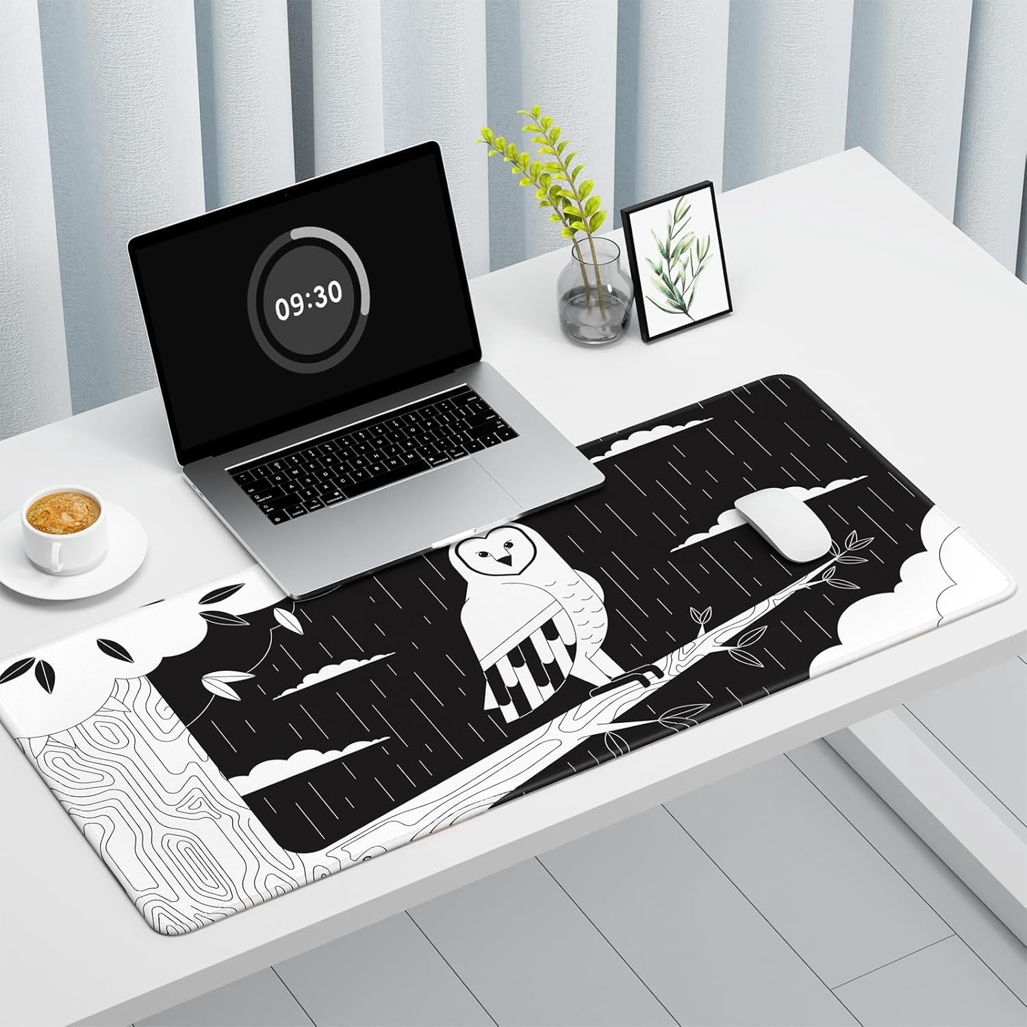 Ultra Large Gaming Mousepad, XXL Extended Full Size Desktop Matt for Keyboard, Laptop & Computer, 35.5 x 15.7 in, Gothic Black White Owl