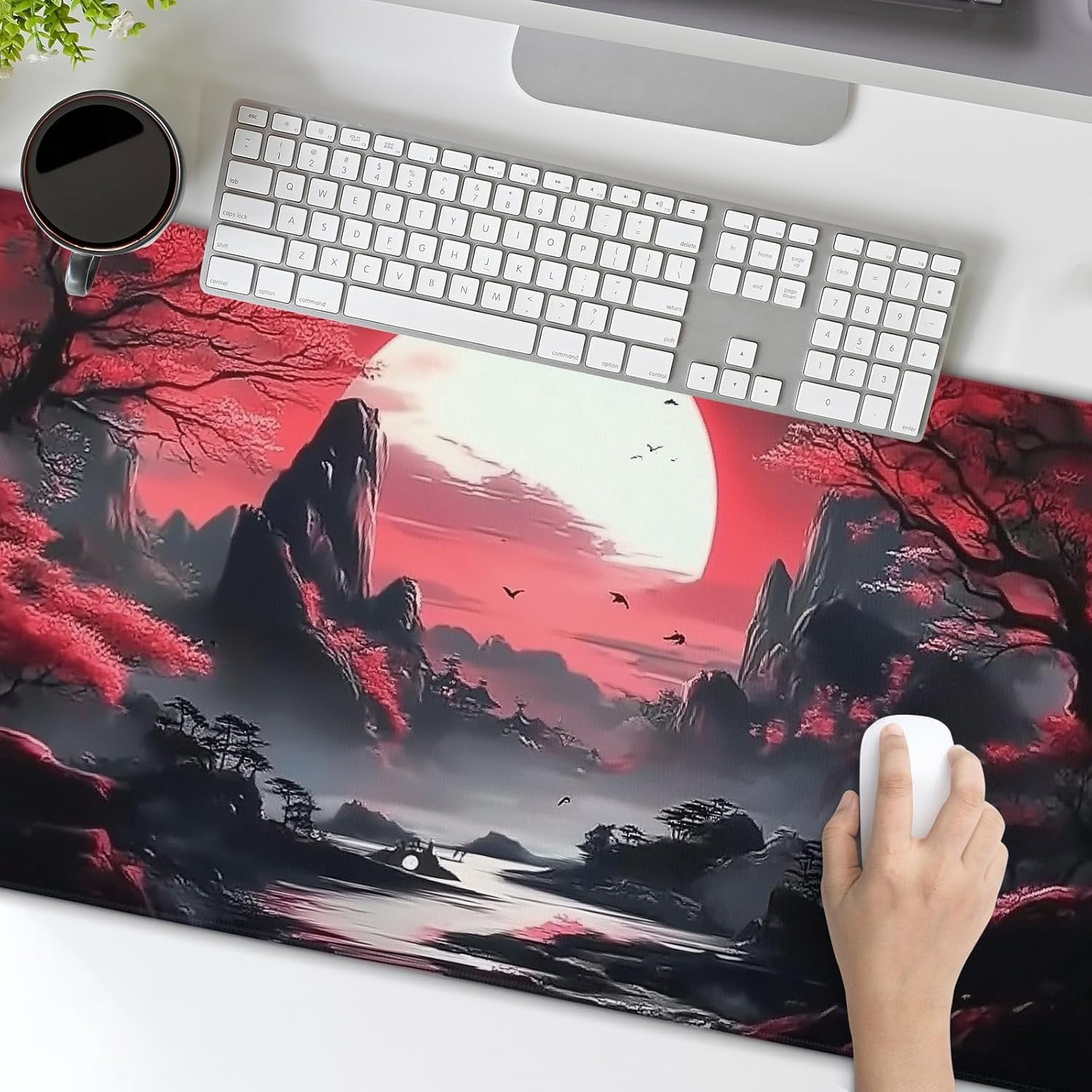 Black Red Japanese Gaming Mouse Pad XXL Moon Sakura Cherry Blossom Extended Big Large Desk Mat Non-Slip Rubber Base Stitched Edge Long Keyboard Mousepad for PC Computer Laptop,35.4×15.7 in