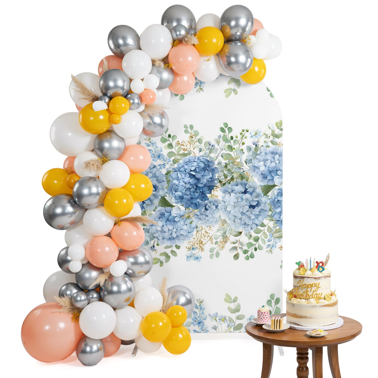 Blue Hydrangea Arch Backdrop Cover 7.2 Ft Rustic Summer Blue Floral Leaf Spandex Fitted Stretchy Arch Cover, Round Top Chiara Backdrop Cover for Wedding Birthday Baby Shower