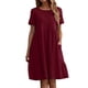 thumbnail image 1 of Vestido holgado de manga corta de lino vintage liso para mujer: poliéster, cuello redondo con bolsillos, para todas las estaciones, 1 of 6