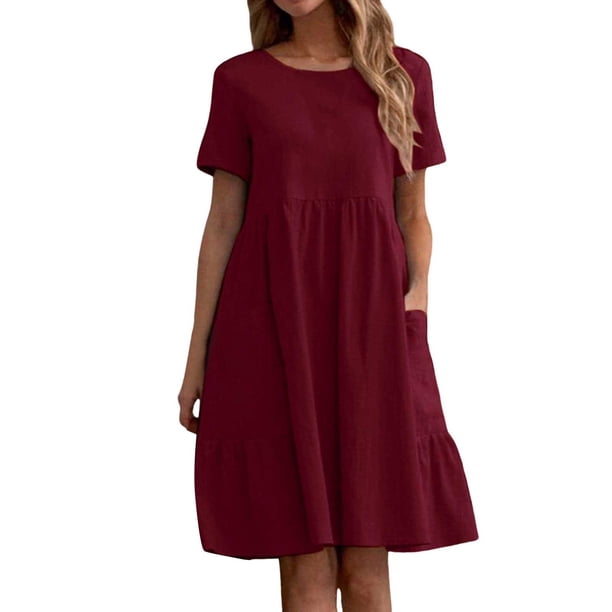 Vestido holgado de manga corta de lino vintage liso para mujer: poliéster, cuello redondo con bolsillos, para todas las estaciones