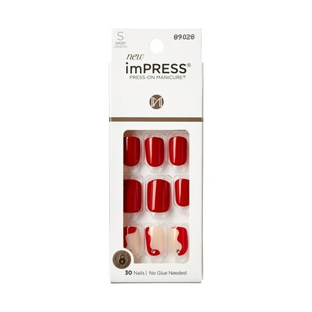 KISS imPRESS  Press on Nails, Adore You, Red, Short Squoval, 30 Count