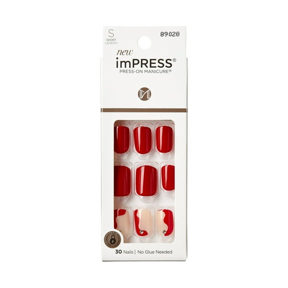 KISS imPRESS Press on Nails, Adore You, Red, Short Squoval, 30 Count