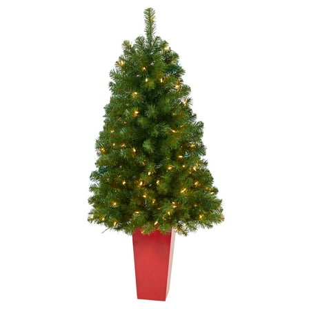 Nearly Natural 4.5ft. Virginia Fir Artificial Christmas Tree with 100 Clear Lights and 223 Bendable Branches in Red Planter