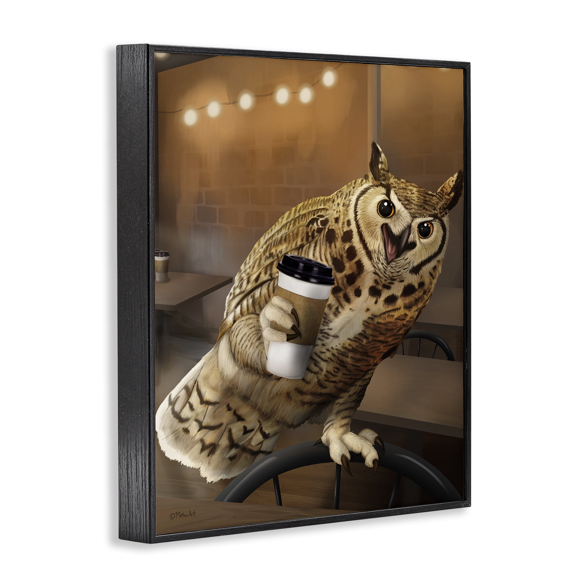 Stupell Industries Owl with Coffee Cup Food & Beverage Painting Black Framed Art Print Wall Art, 16 x 20