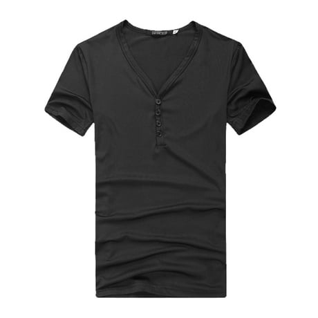 Unique Bargains Men's Short Sleeve V Neck Henley Shirt Black (Size L / 42)