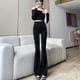 thumbnail image 3 of Pantalones largos elegantes de talle alto, holgados, con parte inferior acampanada, para mujer, pantalones acampanados de tiburón negro, 3 of 5