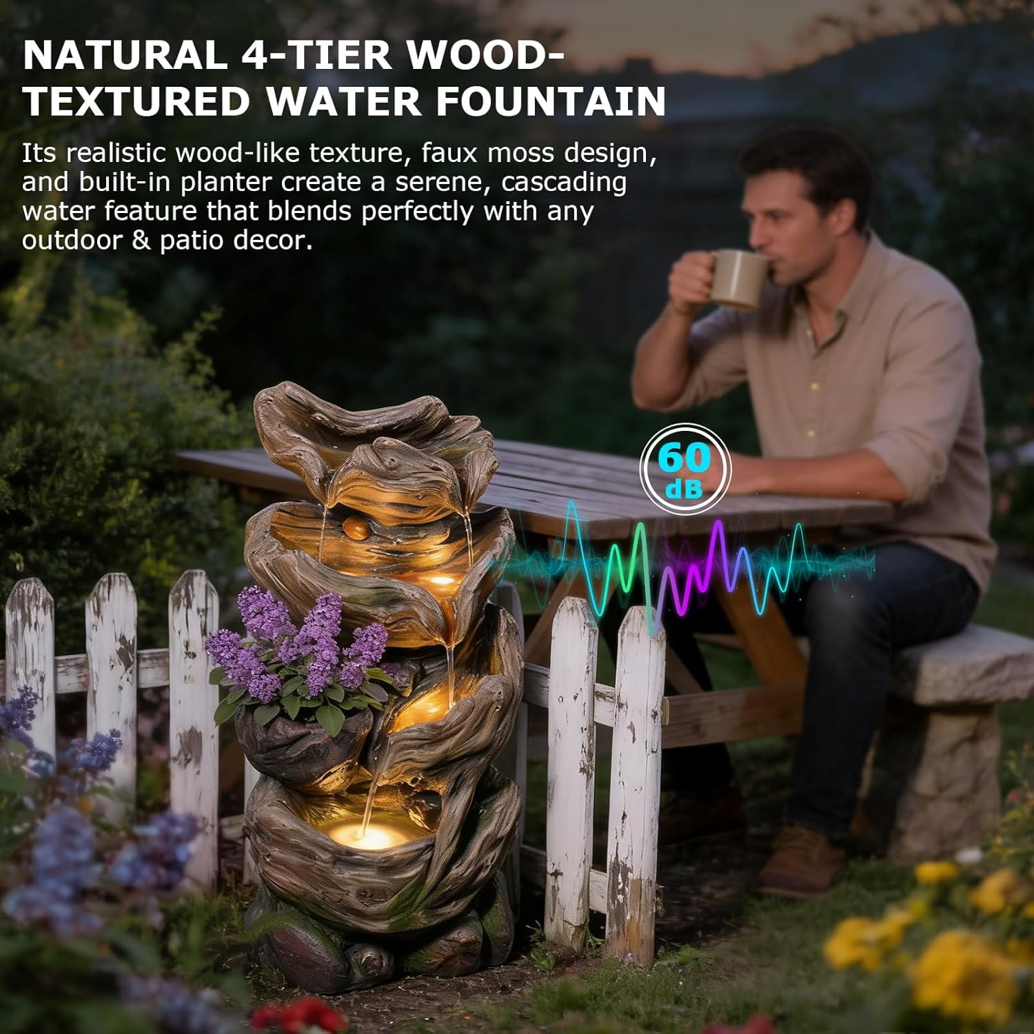 4-Tier Cascading Outdoor Water Fountain, 25.2" H Realistic Tree Trunk Garden Waterfall Fountains for Outside, Water Fountain Outdoor with Lights for Patio, Yard, Deck, Porch and Home Decor