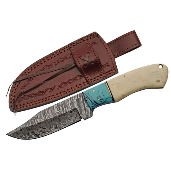 SANZ 8.5" Damascus Steel Outdoor Knife with Bone & Turquoise Handle and Sheath