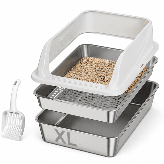 Light Grey XL Stainless Steel Sifting Cat Litter Box For Pine Pellets