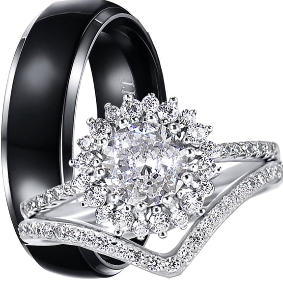 LaRaso & Co His Hers Wedding Ring Set TRIO 3 PCS Simulated Diamond Bridal Set Silver Titanium Women Men