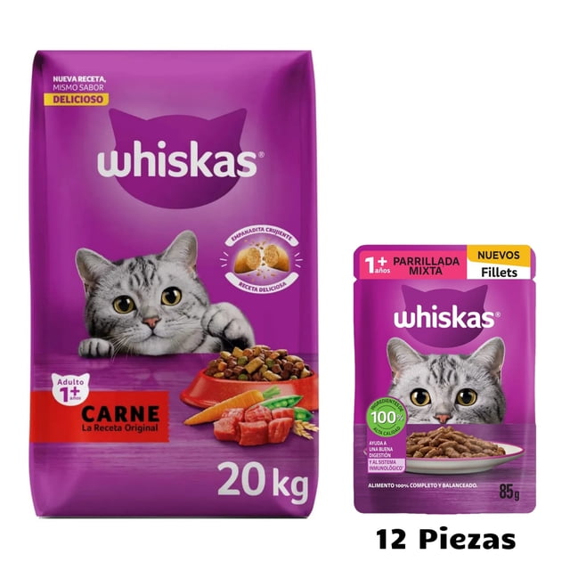 Whiskas Original Carne 20 kg + Caja Whiskas Sobre Gato Fillets Parrillada Mixta 85 g (12 Pzas)